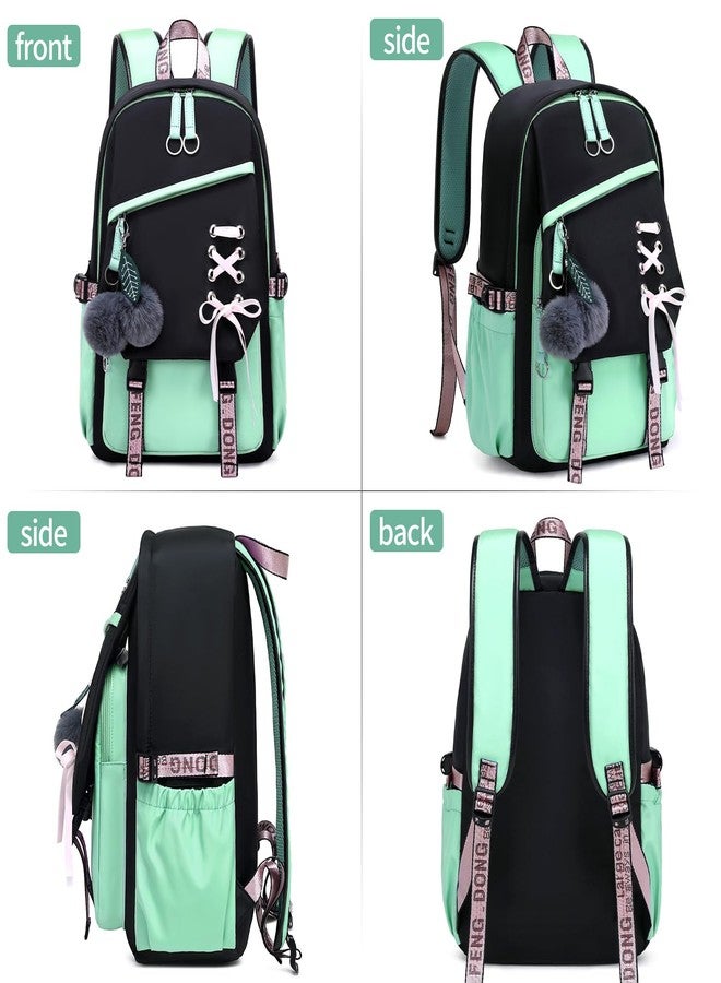 FENGDONG Teenage Girls Bookbag school Backpack Children Casual Daypack Schoolbag for Teens, Black Green, 17.7 x 12 x 5.9 inches - Image 4