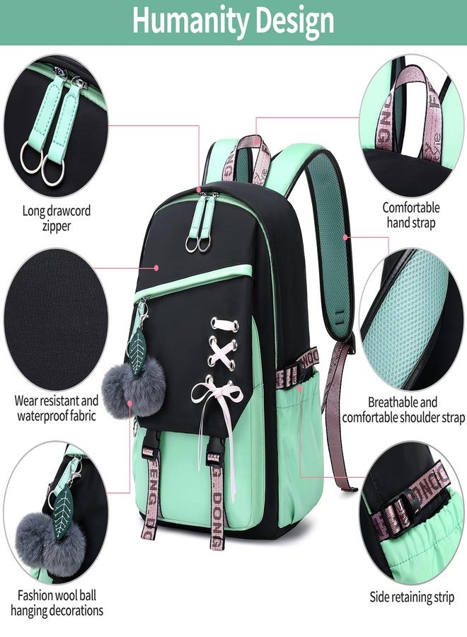 FENGDONG Teenage Girls Bookbag school Backpack Children Casual Daypack Schoolbag for Teens, Black Green, 17.7 x 12 x 5.9 inches - Image 5