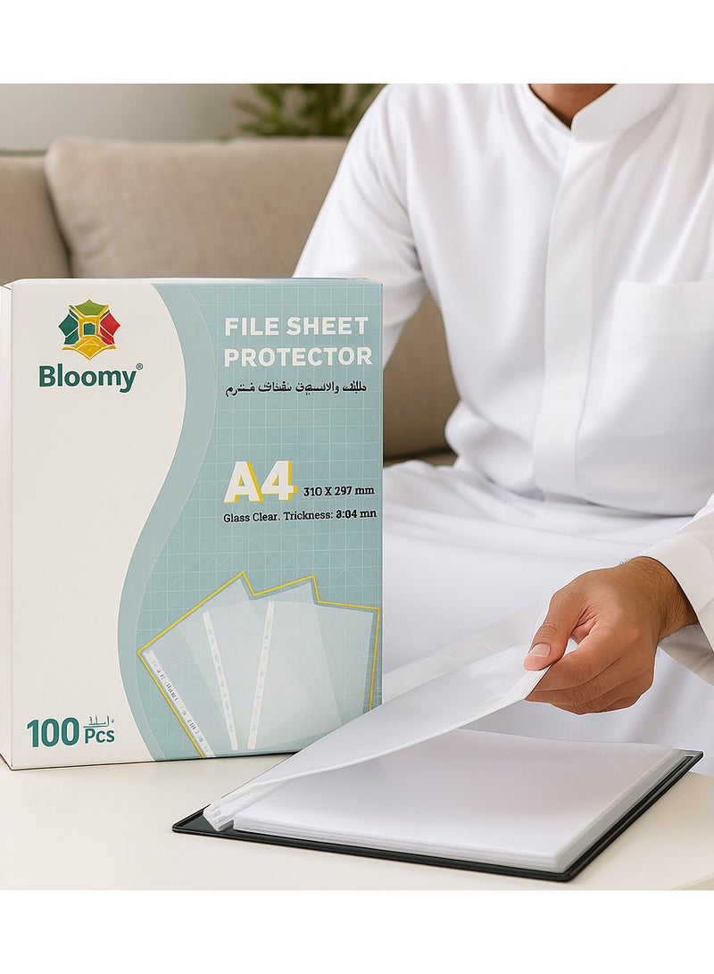 Bloomy A4 Clear Pocket File Set - 100 Pcs, Sheet Protectors for Filing & Documents - Image 3