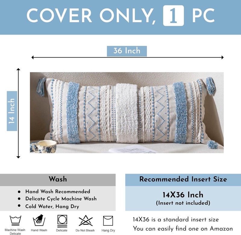 BlissBlush Blue Decorative Lumbar Throw Pillow Cover 14x36 Boho Long Cushion for Bed Neutral White Accent Farmhouse Pillowcase for Bedroom Living Room Couch Sofa Home Décor (Cover ONLY, Pack of 1) - Image 4
