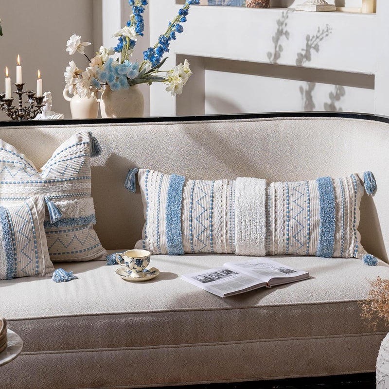 BlissBlush Blue Decorative Lumbar Throw Pillow Cover 14x36 Boho Long Cushion for Bed Neutral White Accent Farmhouse Pillowcase for Bedroom Living Room Couch Sofa Home Décor (Cover ONLY, Pack of 1) - Image 3