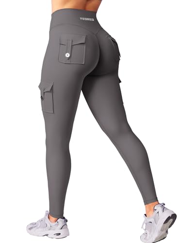 YEOREO CoreFlex Workout Cargo Leggings with Pockets for Women Hidden Scrunch Butt Lifting Leggings Gym Yoga Pants Dark Grey L - Image 1