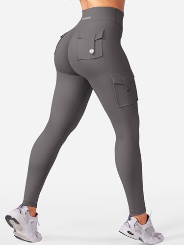 YEOREO CoreFlex Workout Cargo Leggings with Pockets for Women Hidden Scrunch Butt Lifting Leggings Gym Yoga Pants Dark Grey L - Image 5