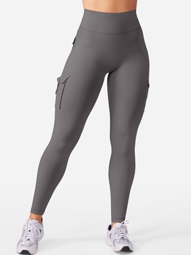 YEOREO CoreFlex Workout Cargo Leggings with Pockets for Women Hidden Scrunch Butt Lifting Leggings Gym Yoga Pants Dark Grey L - Image 4