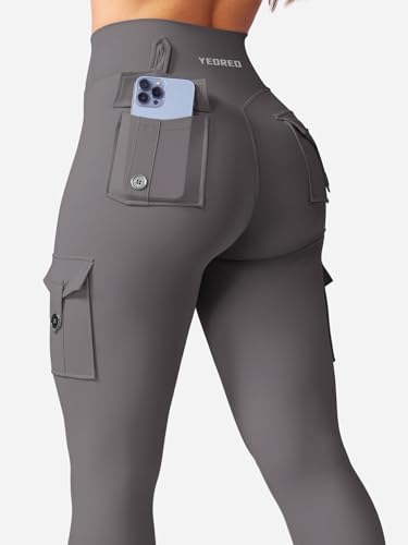 YEOREO CoreFlex Workout Cargo Leggings with Pockets for Women Hidden Scrunch Butt Lifting Leggings Gym Yoga Pants Dark Grey L - Image 3