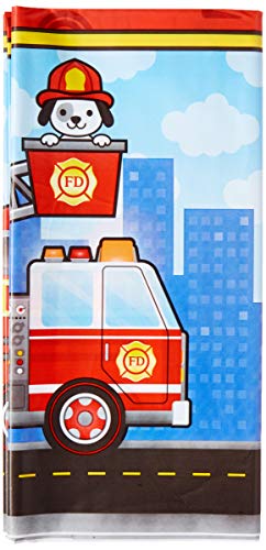 Creative Converting 332199 Flaming Fire Truck Design Plastic Tablecloth - Image 1