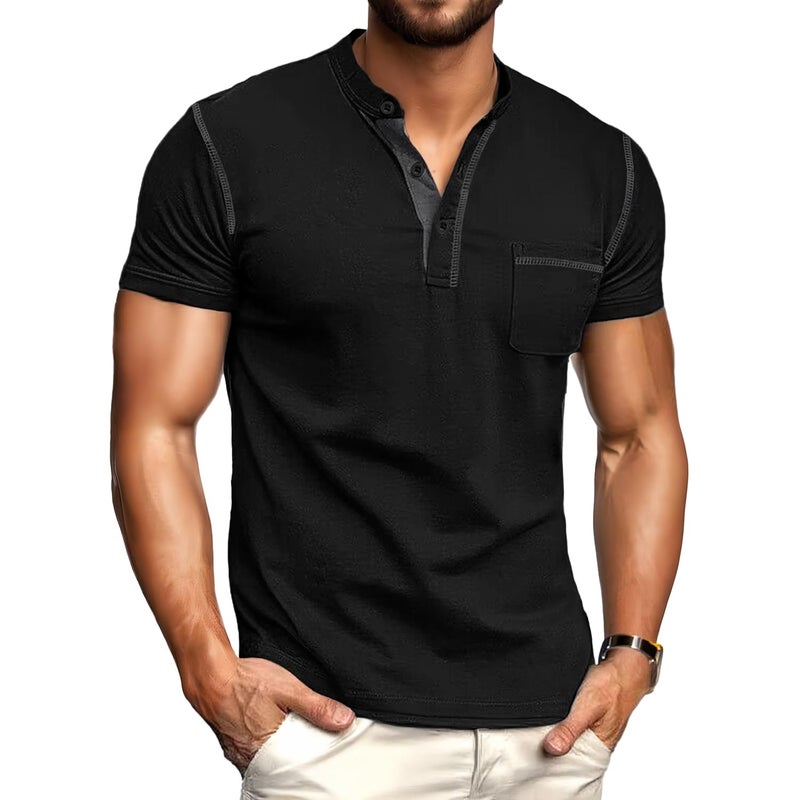 Sailwind Mens Henley Shirts Short Sleeve Summer Casual Classic Cotton T Shirts Pocket Button Shirt Black - Image 2