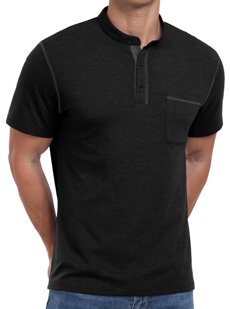 Sailwind Mens Henley Shirts Short Sleeve Summer Casual Classic Cotton T Shirts Pocket Button Shirt Black - Image 3
