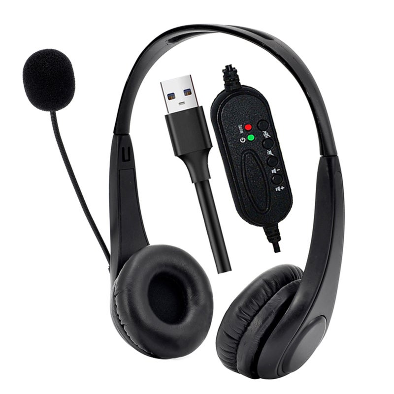 سماعة رأس مركز الاتصال مع ميكروفون سماعة رأس ثنائية الجانب مع كابل USB وميكروفون قابل للتعديل وزر تحكم الصوت وإيقاف الصوت المؤقت لأجهزة الكمبيوتر المكتبية والجهاز المحمول والحواسيب المحمولة - Image 1