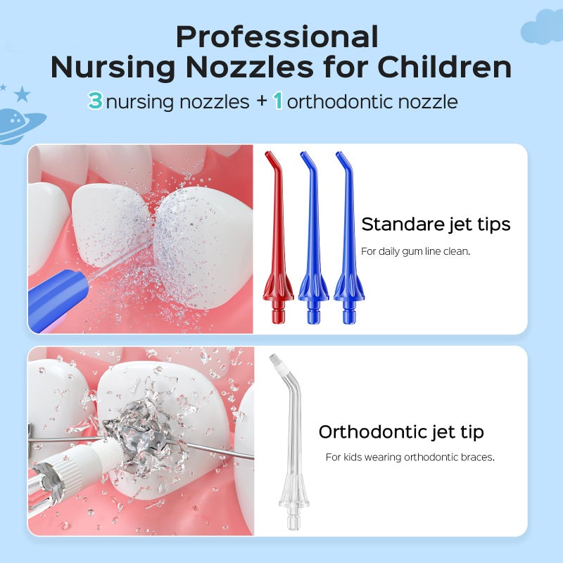 COSLUS Kids Water Dental Flosser Deep Cleaning Picks Portable 4 Modes for Ages 6+ Safe Waterproof Rechargeable with 2 Jet Tips for Gums Care Red Blue - Image 5