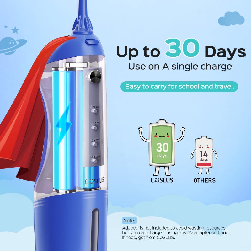 COSLUS Kids Water Dental Flosser Deep Cleaning Picks Portable 4 Modes for Ages 6+ Safe Waterproof Rechargeable with 2 Jet Tips for Gums Care Red Blue - Image 4