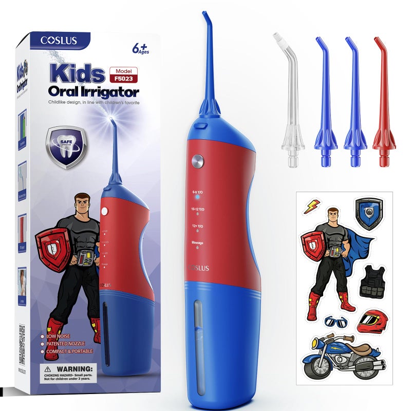 COSLUS Kids Water Dental Flosser Deep Cleaning Picks Portable 4 Modes for Ages 6+ Safe Waterproof Rechargeable with 2 Jet Tips for Gums Care Red Blue - Image 1