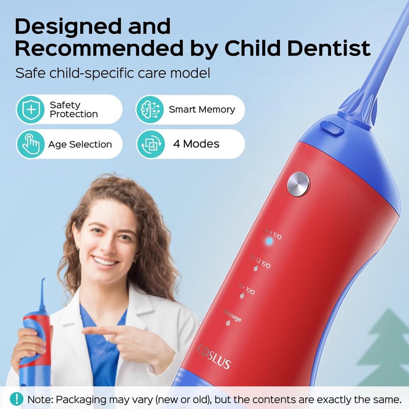 COSLUS Kids Water Dental Flosser Deep Cleaning Picks Portable 4 Modes for Ages 6+ Safe Waterproof Rechargeable with 2 Jet Tips for Gums Care Red Blue - Image 3