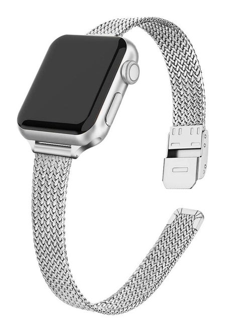 Slim Metal Straps For Apple Watch Series 10 9 8 7 6 5 4 SE, 38/40/41/42mm Thin Narrow Stainless Steel Mesh Milanese Metal Strap -Silver