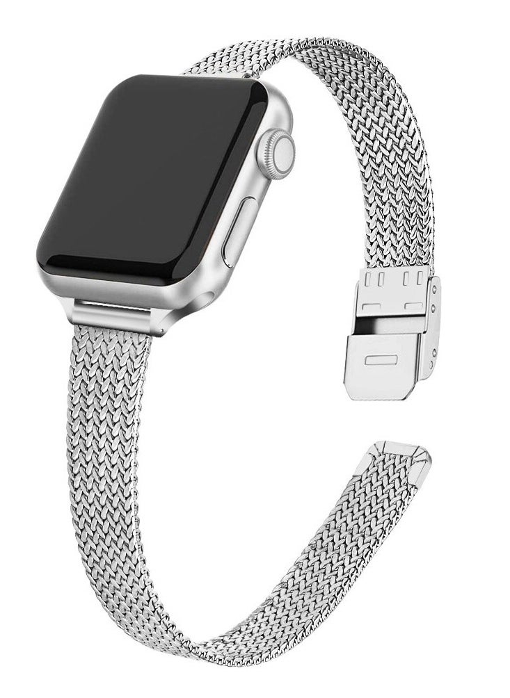 O Ozone - Slim Metal Straps For Apple Watch Series 10 9 8 7 6 5 4 SE, 38/40/41/42mm Thin Narrow Stainless Steel Mesh Milanese Metal Strap -Silver - Image 1