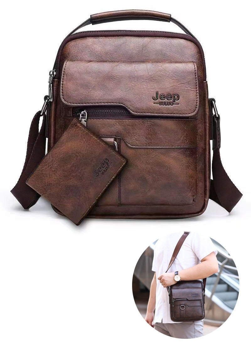 Jeep Buluo Men's Shoulder Bags, PU Leather Crossbody Bag, Adjustable Strap Messenger Bags with short Wallet for Men's Working Shopping Business Travel Daily (Dark Brown) - Image 1