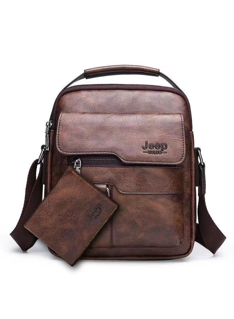 Jeep Buluo Men's Shoulder Bags, PU Leather Crossbody Bag, Adjustable Strap Messenger Bags with short Wallet for Men's Working Shopping Business Travel Daily (Dark Brown) - Image 2