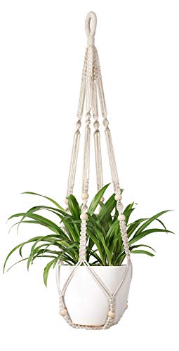 Mkono Macrame Plant Hanger Indoor Hanging Planter Basket with Wood Beads Decorative Flower Pot Holder No Tassels for Indoor Outdoor Boho Home Decor 35 Inch Ivory Set of 1 POTS NOT Included