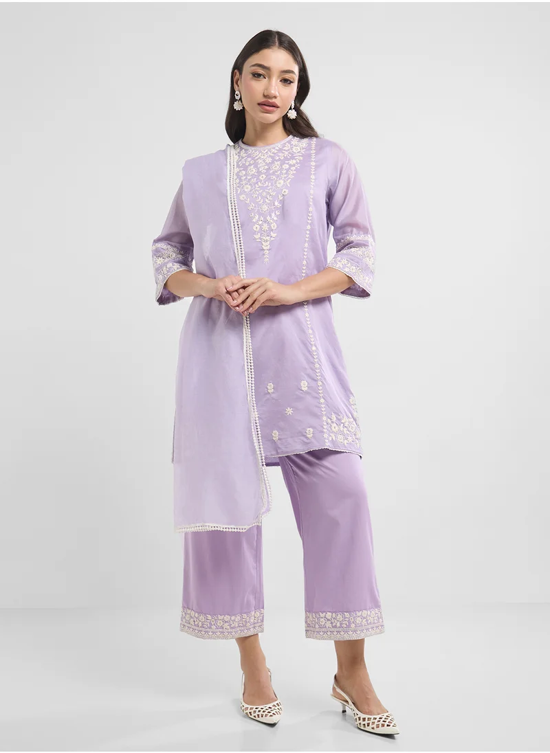 Biba Printed Kurta, Palazzo & Dupatta Set