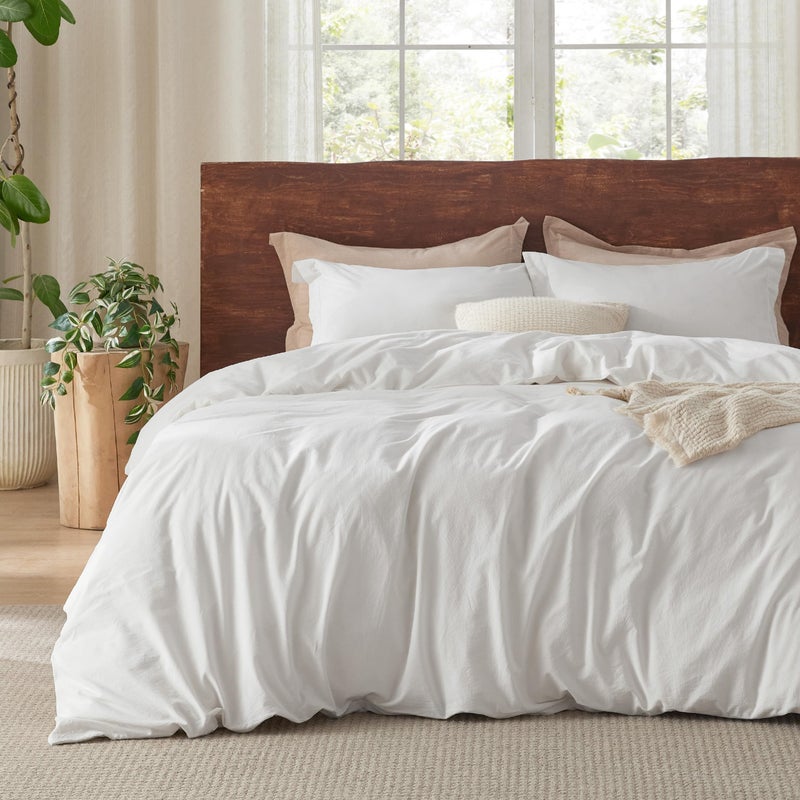 Bedsure 100% Washed Cotton Duvet Cover Queen Size - Natural White Minimalist Cotton Duvet Cover Linen Like for All Seasons - GentleSoftâ„¢ Plain Simple Bedding (Natural White, Queen, 90"x90") - Image 1