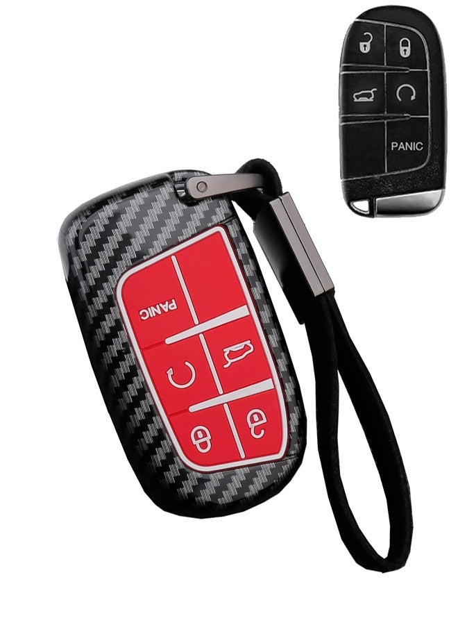 rocooart Car Key Cover Case for Jeep Grand Cherokee, Renegade Chrysler 200 300, Dodge Ram, Durango, Charger, Challenger, Journey, Dart, 5 Button Keyless Entry Remote Cover, ABS Plastic with Carbon Fiber Pattern (Red)  - Image 1