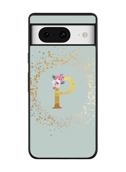 Rugged Black Edge case for Google Pixel 8, Slim fit Thin Phone Case Cover- Custom Monogram Initial Letter Floral Pattern Alphabet - P (Light Grey)
