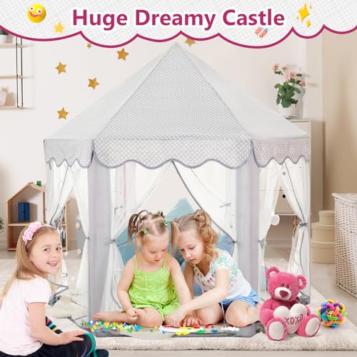 Monobeach Princess Tent Girls Large Playhouse Kids Castle Play Tent with Star Lights Gift Toy for Children Indoor and Outdoor Games 55 x 53 DxH Grey - Image 5