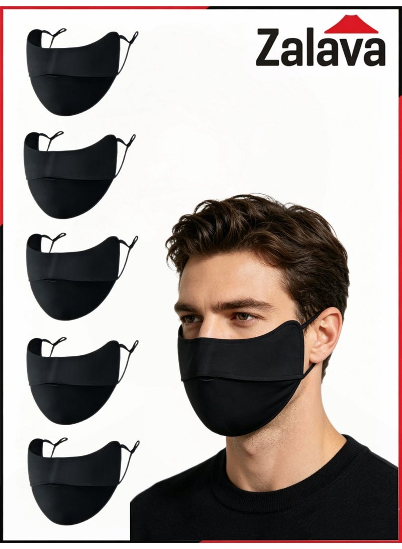 Zalava Reusable Cotton Dust Face Covers, 5-Pack, Black – UV Sun Protection, Adjustable Ear Loops - Image 1