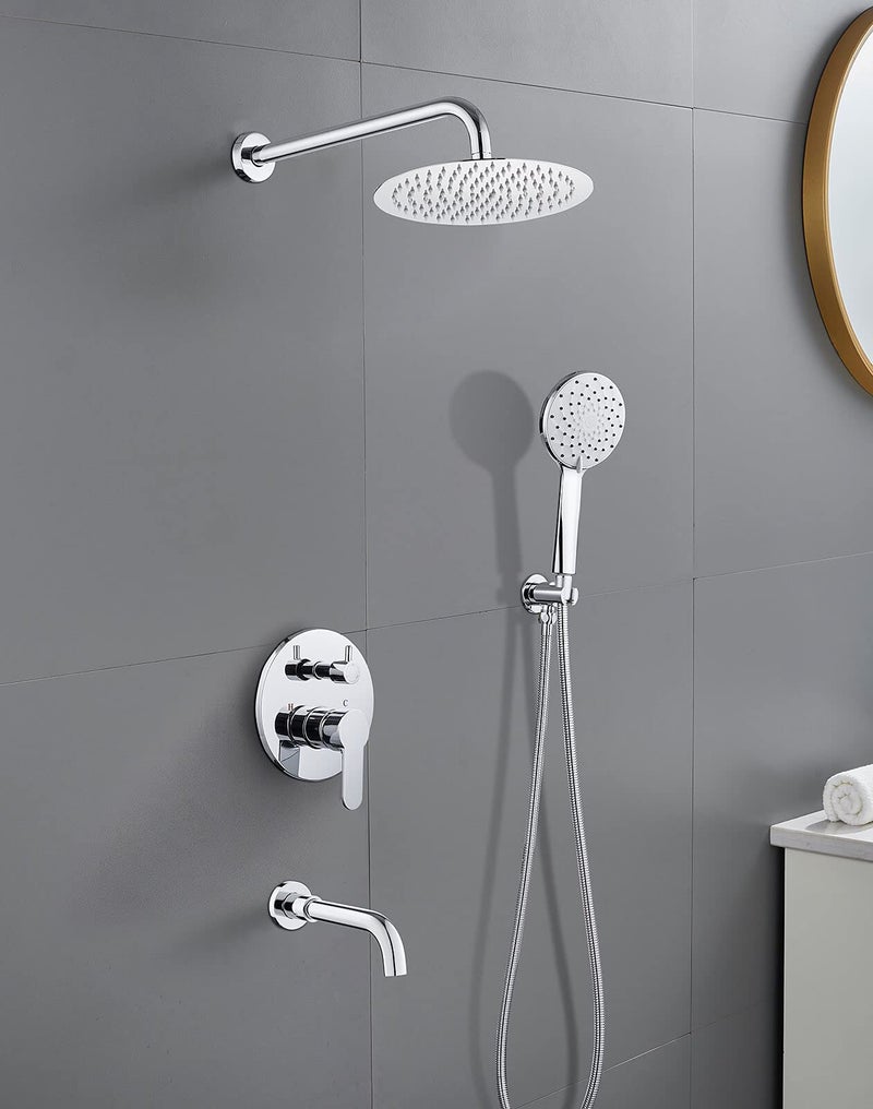 ROVOGO Bathtub Shower Faucet Set with Valve, Shower System with Tub Spout, 10-in. Rain Shower and Handheld, Round Shower Fixtures Wall Mount, Chrome - Image 2