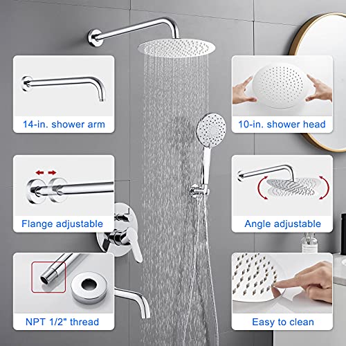 ROVOGO Bathtub Shower Faucet Set with Valve, Shower System with Tub Spout, 10-in. Rain Shower and Handheld, Round Shower Fixtures Wall Mount, Chrome - Image 5