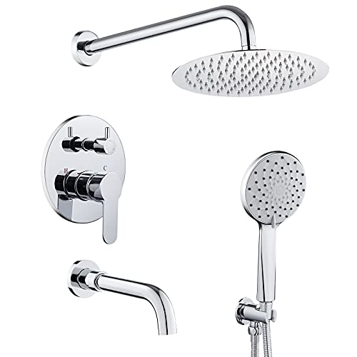 ROVOGO Bathtub Shower Faucet Set with Valve, Shower System with Tub Spout, 10-in. Rain Shower and Handheld, Round Shower Fixtures Wall Mount, Chrome - Image 1