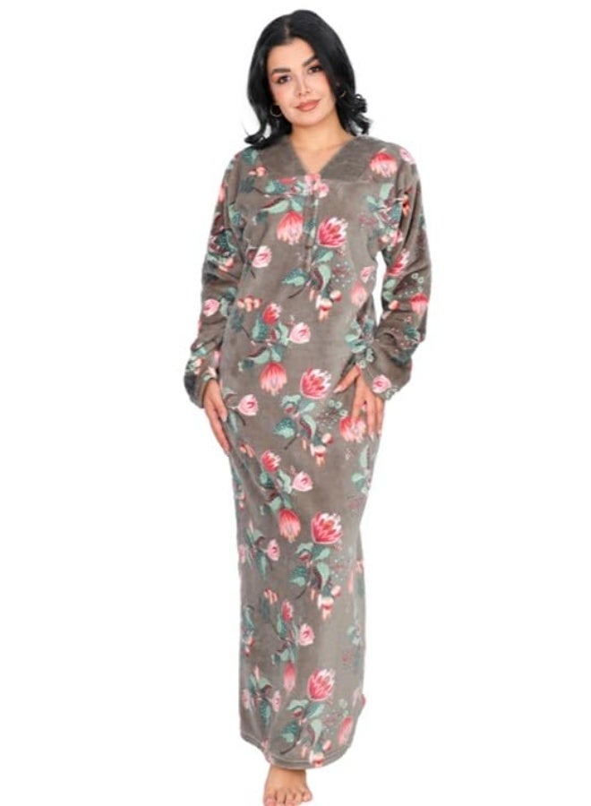 Dadoush Women's long nightgown with floral print, plus size 2XL-6XL, women's maxi robe with full coverage from Daadoush, a house abaya made of soft velvet. - Image 1