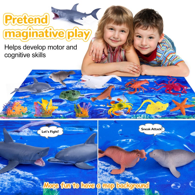 GINMIC Kids Ocean Animals Toys with Large Play Mat , 18 Pack Assorted Realistic Sea Animal Toys with Carrier Bag Including Shark, Whale, Dolphin etc, for Toddler, Boys & Girls Ages 3-8 - Image 4