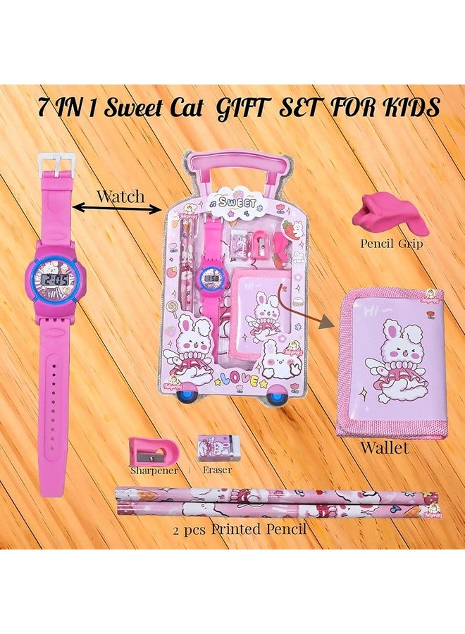 Samvardhan SAMVARDHAN 7 in 1 Stationery Gift Set for Children | Stationery Supplies Bundle with Digital Watch, Sharpener, Eraser, 2 Pencils, Wallet Pouch Return Gift for Kids (GIFTSET-9005-PACK1-SUMMER-PINK)  - Image 2