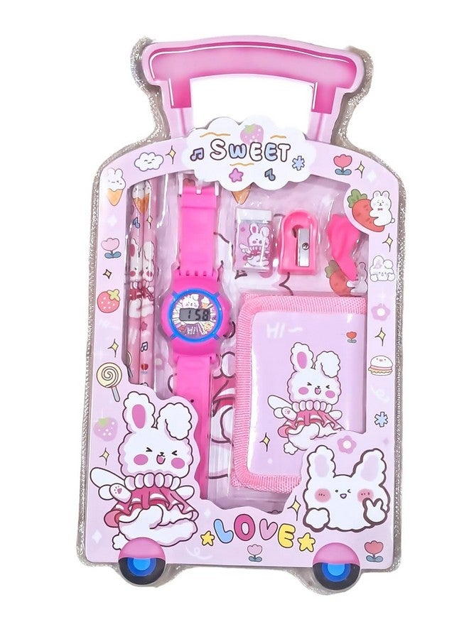 Samvardhan SAMVARDHAN 7 in 1 Stationery Gift Set for Children | Stationery Supplies Bundle with Digital Watch, Sharpener, Eraser, 2 Pencils, Wallet Pouch Return Gift for Kids (GIFTSET-9005-PACK1-SUMMER-PINK)  - Image 3
