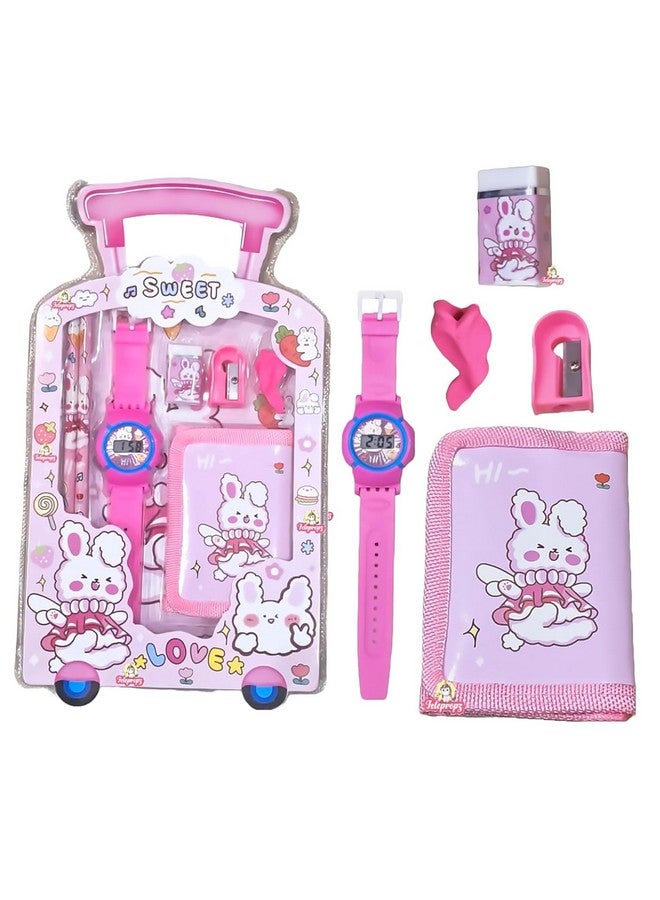 Samvardhan SAMVARDHAN 7 in 1 Stationery Gift Set for Children | Stationery Supplies Bundle with Digital Watch, Sharpener, Eraser, 2 Pencils, Wallet Pouch Return Gift for Kids (GIFTSET-9005-PACK1-SUMMER-PINK)  - Image 1