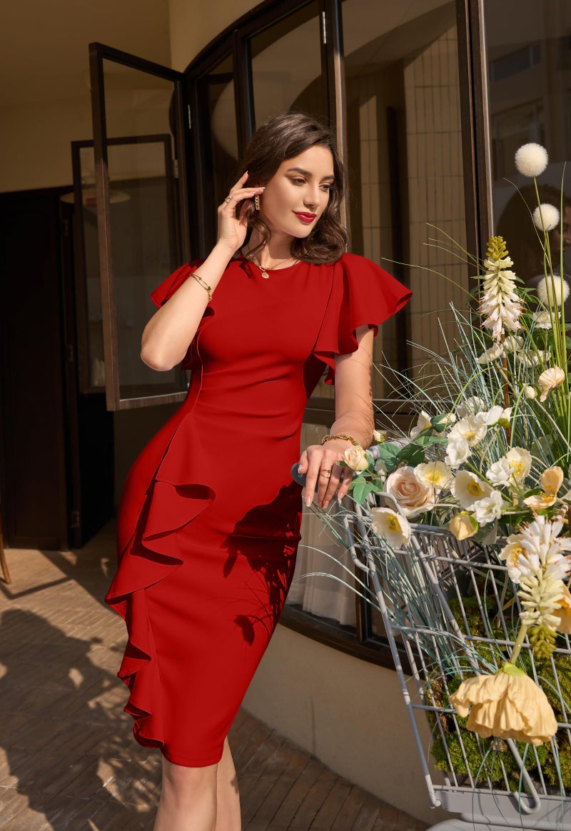 Memoriesea Women's Vintage Church Ruffle Sleeve Ruched Bodycon Work Midi Pencil Dress Red - Image 4