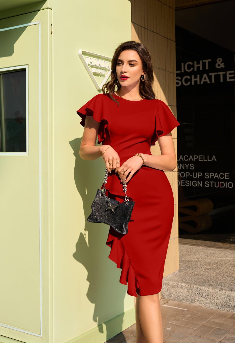 Memoriesea Women's Vintage Church Ruffle Sleeve Ruched Bodycon Work Midi Pencil Dress Red - Image 5