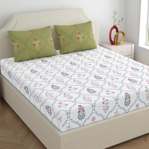 Home Ecstasy 100% Cotton Double Bedsheet with 2 Pillow Covers - (Size 87 x 92 inches, 140 TC, Colour - Green: Cedar Glow) - Image 1