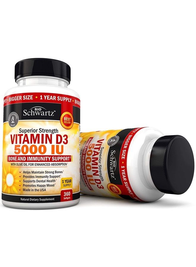 BioSchwartz Vitamin D3 5000 IU (125 mcg) Natural Immune Support Supplement, Bone Strength, Healthy Muscle Function, with Olive Oil for Highest Absorption, Gluten Free & Non-GMO, 1 Year Supply, 360 Softgels - Image 4