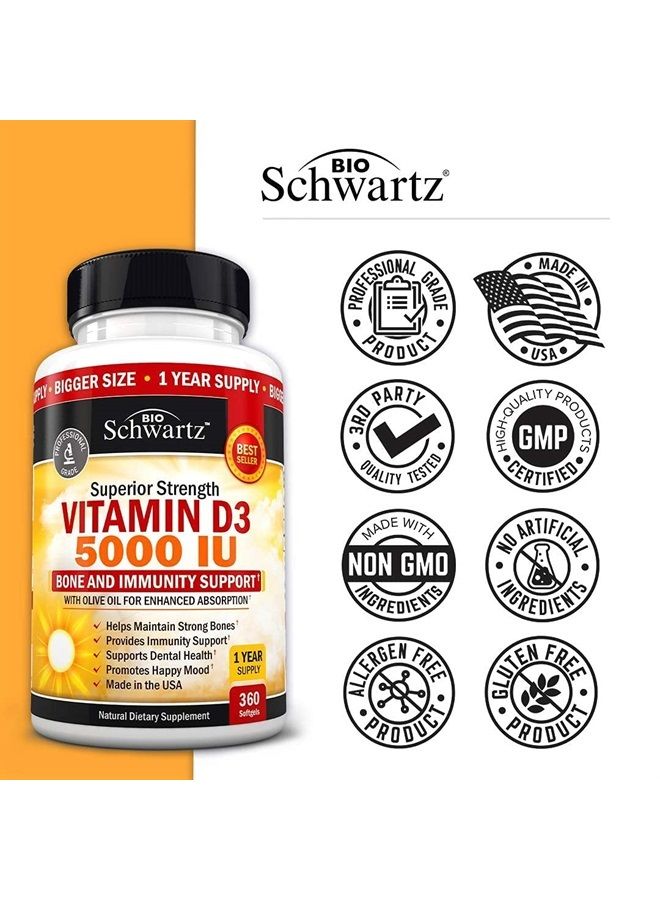 BioSchwartz Vitamin D3 5000 IU (125 mcg) Natural Immune Support Supplement, Bone Strength, Healthy Muscle Function, with Olive Oil for Highest Absorption, Gluten Free & Non-GMO, 1 Year Supply, 360 Softgels - Image 3