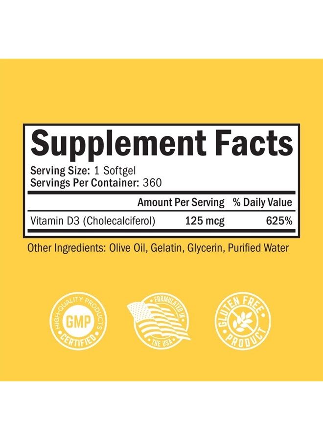 BioSchwartz Vitamin D3 5000 IU (125 mcg) Natural Immune Support Supplement, Bone Strength, Healthy Muscle Function, with Olive Oil for Highest Absorption, Gluten Free & Non-GMO, 1 Year Supply, 360 Softgels - Image 2