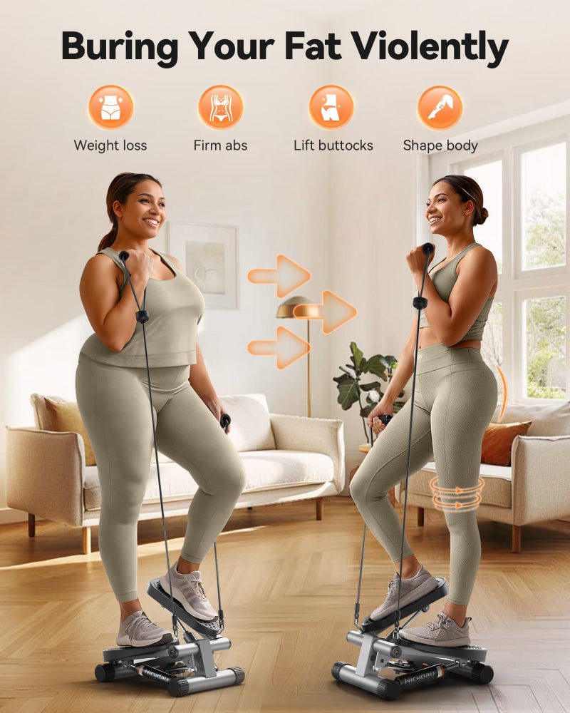 Nice Day جهاز نيسداي للتمارين، جهاز خطوات مصغر مع أحزمة مقاومة لمعدات التمرين المنزلية بسعة تحميل 300 رطل، جهاز خطوات هيدروليكي مع شاشة LCD رمادي فضي - Image 2