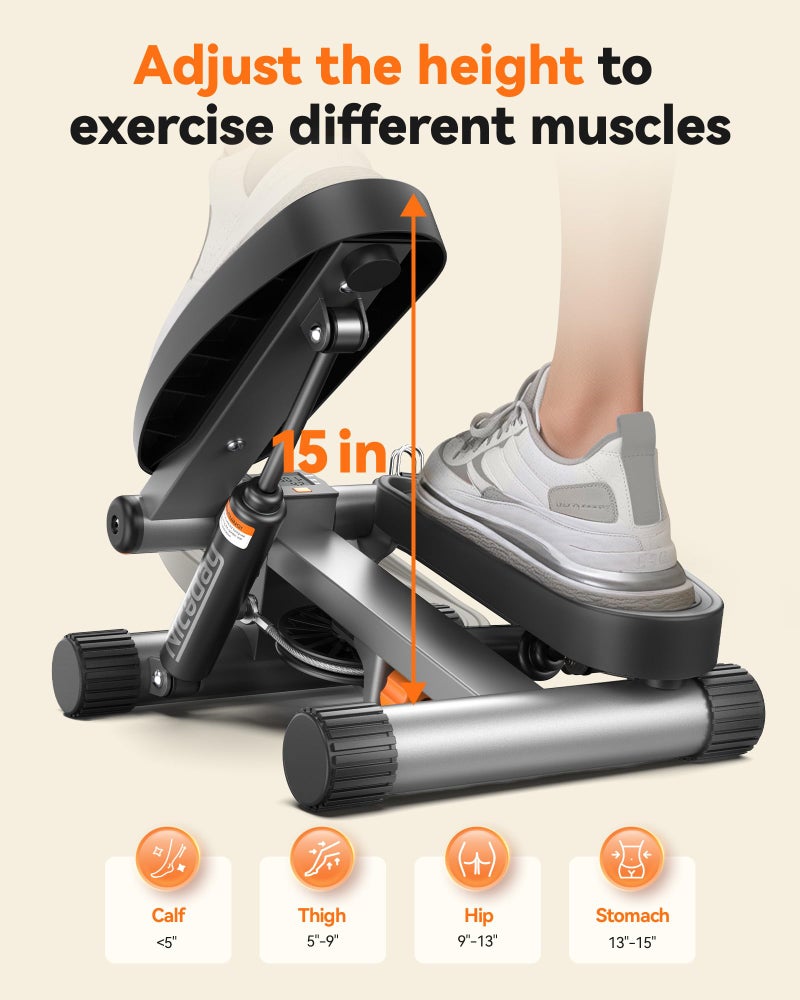 Nice Day جهاز نيسداي للتمارين، جهاز خطوات مصغر مع أحزمة مقاومة لمعدات التمرين المنزلية بسعة تحميل 300 رطل، جهاز خطوات هيدروليكي مع شاشة LCD رمادي فضي - Image 4
