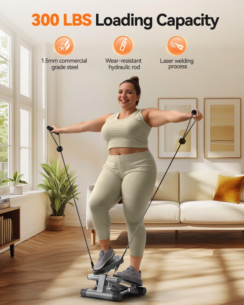 Nice Day جهاز نيسداي للتمارين، جهاز خطوات مصغر مع أحزمة مقاومة لمعدات التمرين المنزلية بسعة تحميل 300 رطل، جهاز خطوات هيدروليكي مع شاشة LCD رمادي فضي - Image 5