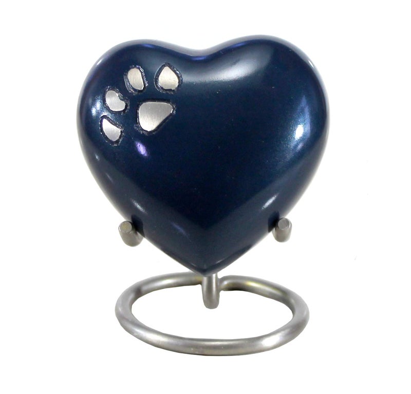 eSplanade Brass Mini Cremation HeartShaped Keepsake Memorial Jar Pot Container Small Urn for Funeral Ashes Burial Paws Engraved Metal Keepsake with Stand Dark Blue 275 Inches
