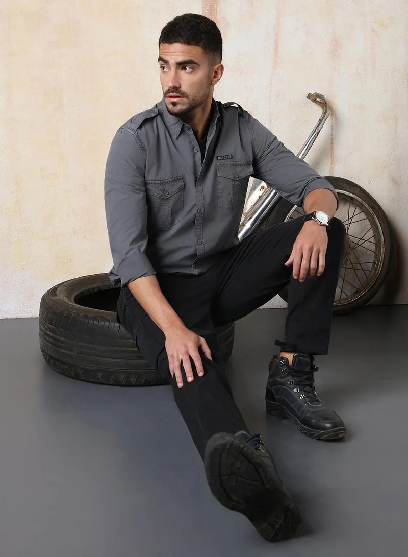 هاي ستار قميص رجالي قطن كاجوال بقصة عادية وياقة عريضة وغسيل ثقيل