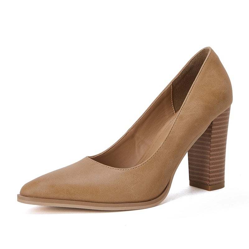 LAICIGO Women's Pointed Closed Toe Pumps Chunky Block High Heels Slip On Wedding Dress Party Shoes Khaki - Image 1