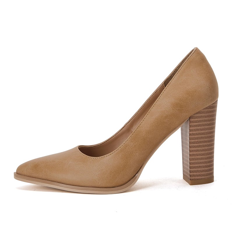 LAICIGO Women's Pointed Closed Toe Pumps Chunky Block High Heels Slip On Wedding Dress Party Shoes Khaki - Image 2
