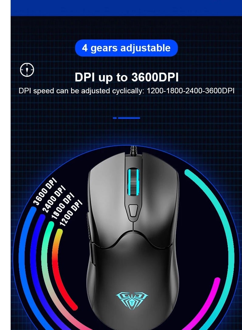 AULA S13 Gaming Mouse Ergonomic  - RGB Phantom Breathing Light - Wired USB Braided  Cable - 3,600 DPI - 6 Buttons for Esports Mice for PC / Laptop | Black - Image 3